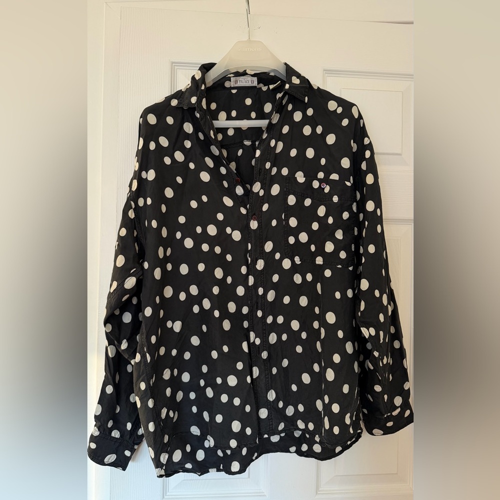 Vintage Black and White Polka Dot Button Down Shirt Medium 100% Silk